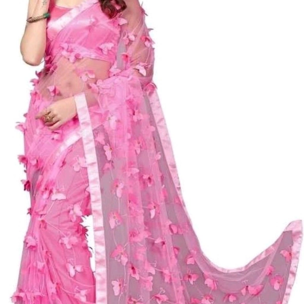 Attractive Net Saree - Free Size (Saree Length Size: 5.5 m, Blouse Length Size: 0.8 m) , light pink