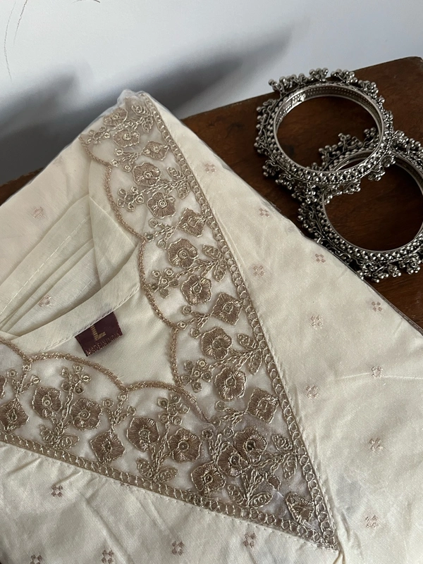 Beige Chanderi Silk Cotton Kurti  With Dupatta And Pant 