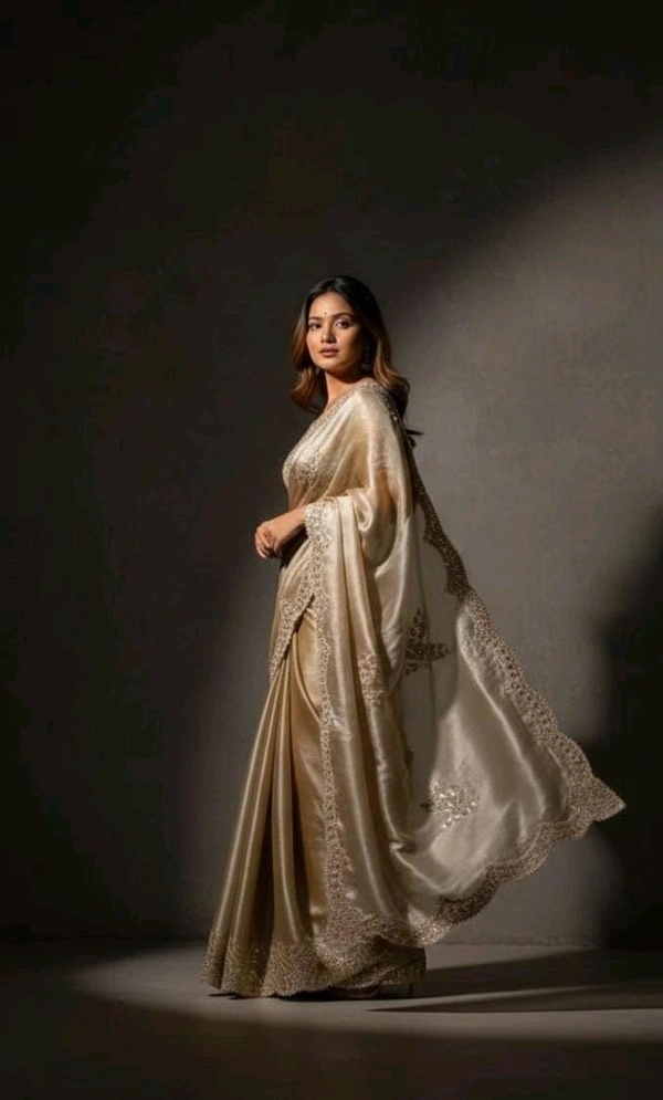 Champagne Scallop Net Saree with Intricate Lace