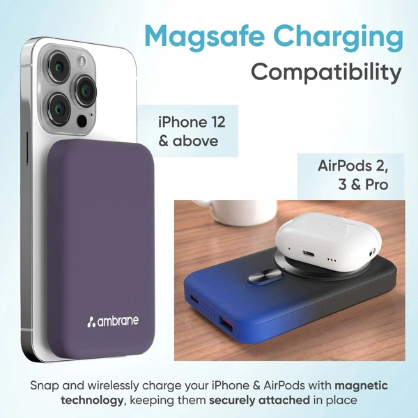 Ambrane  Aerosync Snap 10000mAh Magsafe Wireless Power Bank for iPhone - Silver