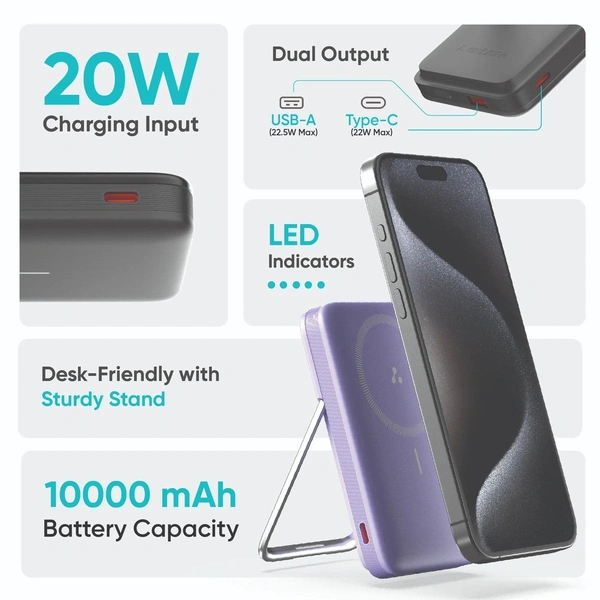 Ambrane  Aerosync PB11 10000mAh Magsafe Wireless Power Bank with Mobile Stand