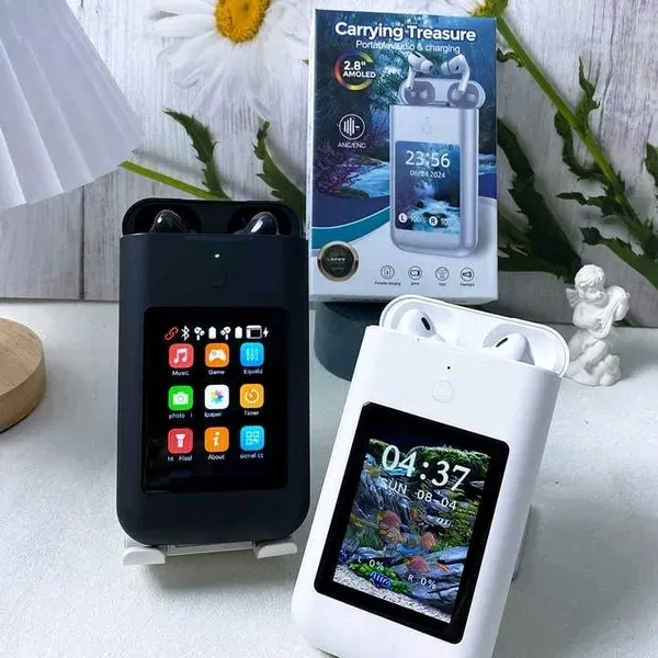 TWS Earphones with 2.8 inch HD Touch Screen, 8000mAh Power Bank, Active Noise Cancellation | Earphones + Power Bank + 2.8 Multimedia Screen, 