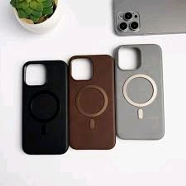 iPhone Premium PU Leather Metal MagSafe Ring Cover - Brown, Iphone 13