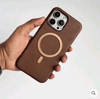 iPhone Premium PU Leather Metal MagSafe Ring Cover - Brown, Iphone 14