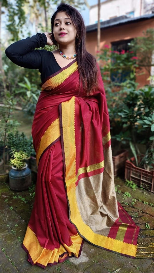 White Georgette Chikan Saree with Gold Border – Indira Bishen