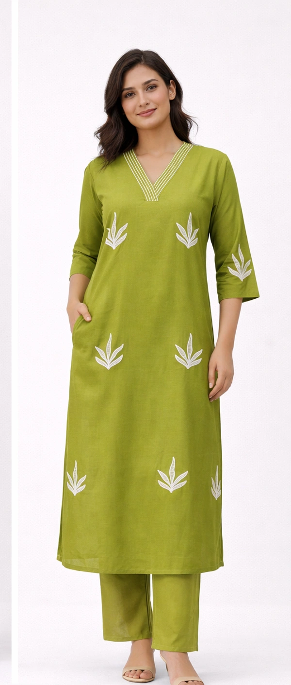 Light Olive Green Kurti with elegant white leaf embroidery 🌿
