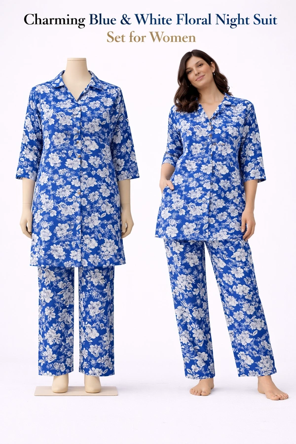 Stylish Blue & White Floral Printed Long Night Suit Set for Women