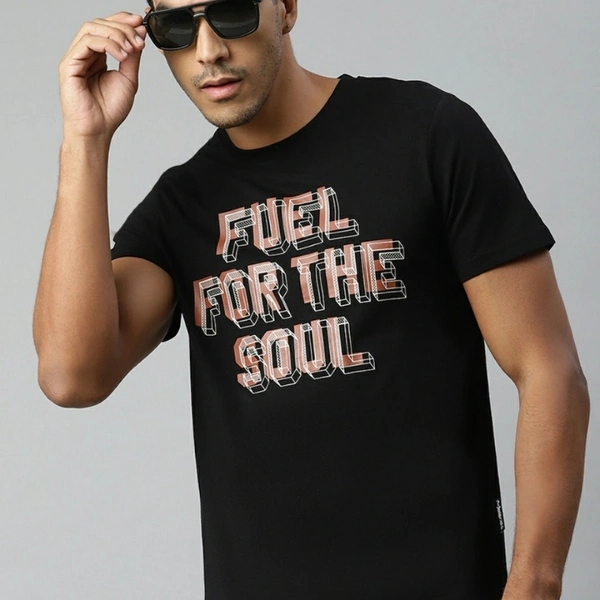 Men Black & Brown Printed Pure Cotton Round Neck T-shirt - L