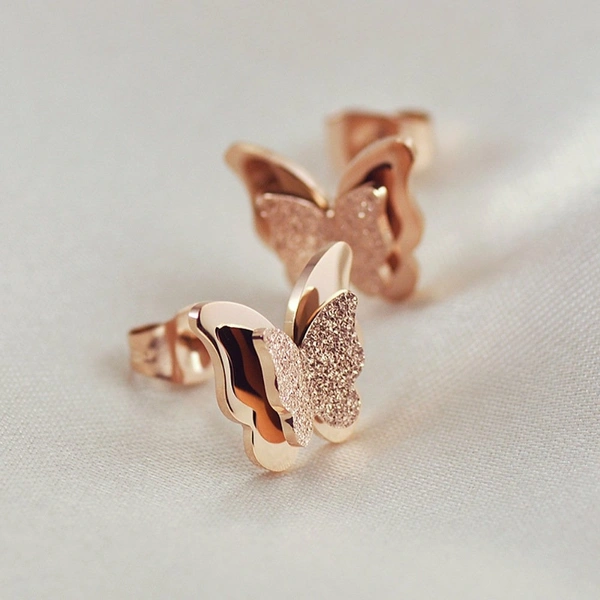 Yellow Chimes Charming Dual Butterfly Surgical Steel 18K Real Rose Gold Stud Earrings 