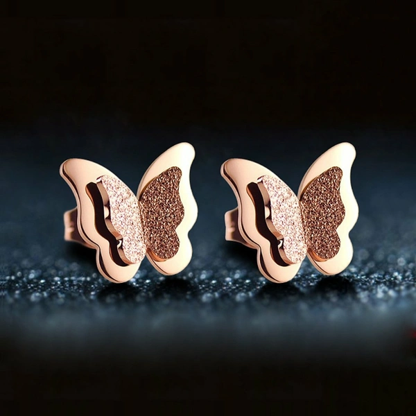 Yellow Chimes Charming Dual Butterfly Surgical Steel 18K Real Rose Gold Stud Earrings 
