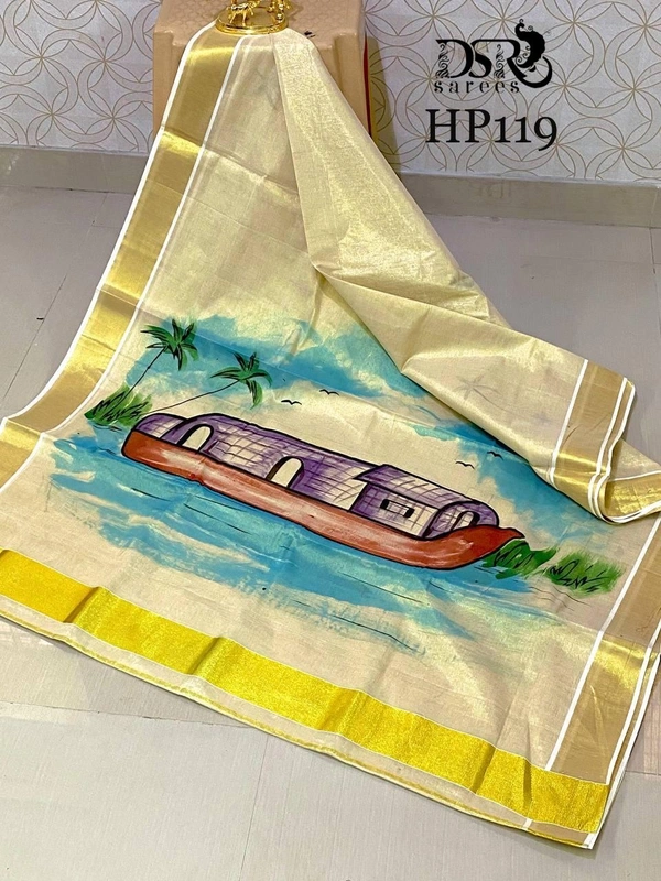 Gold Tissue Kerala Hand Print Saree