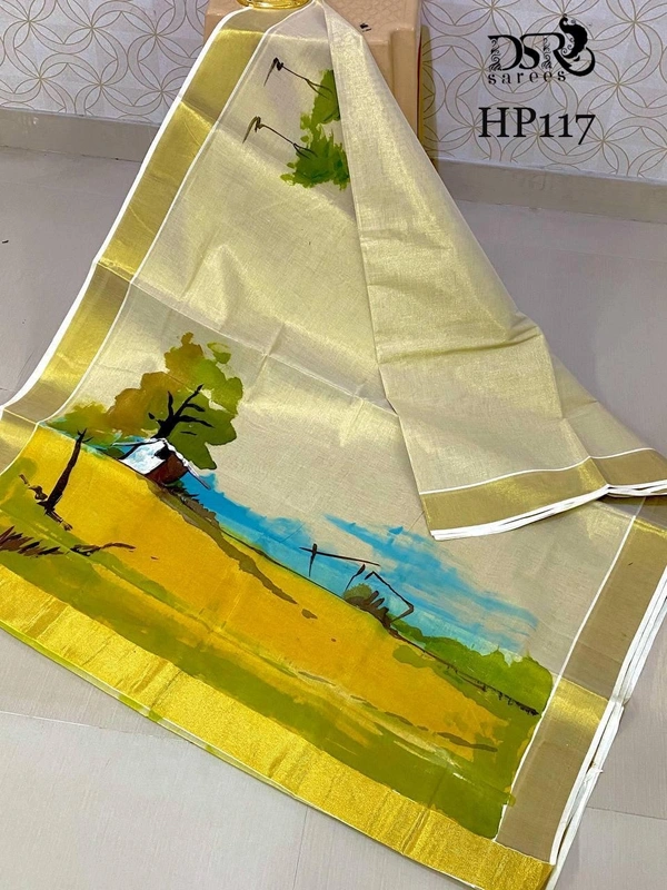 Gold Tissue Kerala Hand Print Saree