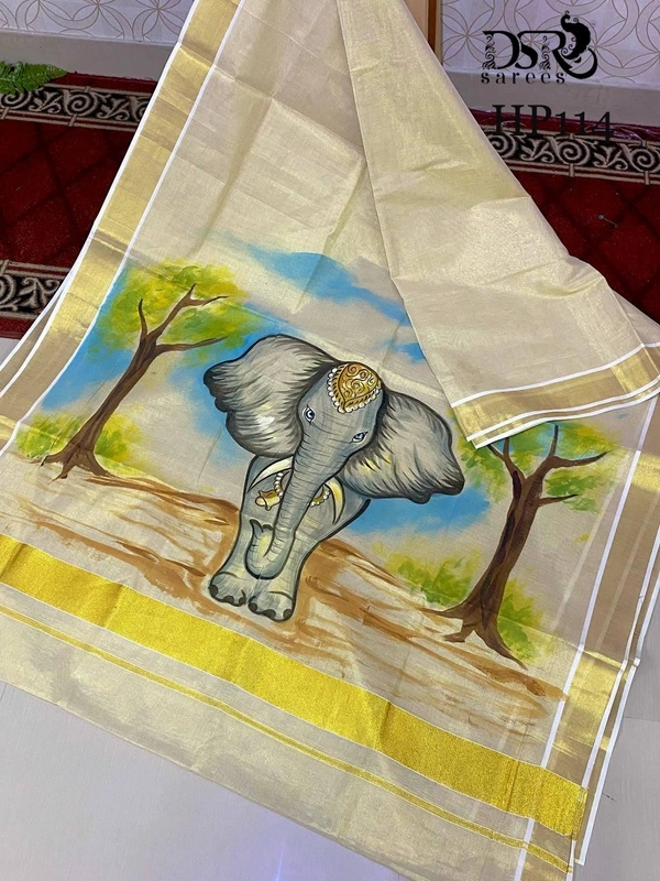 Gold Tissue Kerala Hand Print Saree