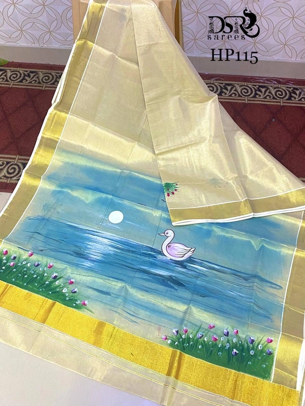Gold Tissue Kerala Hand Print Saree
