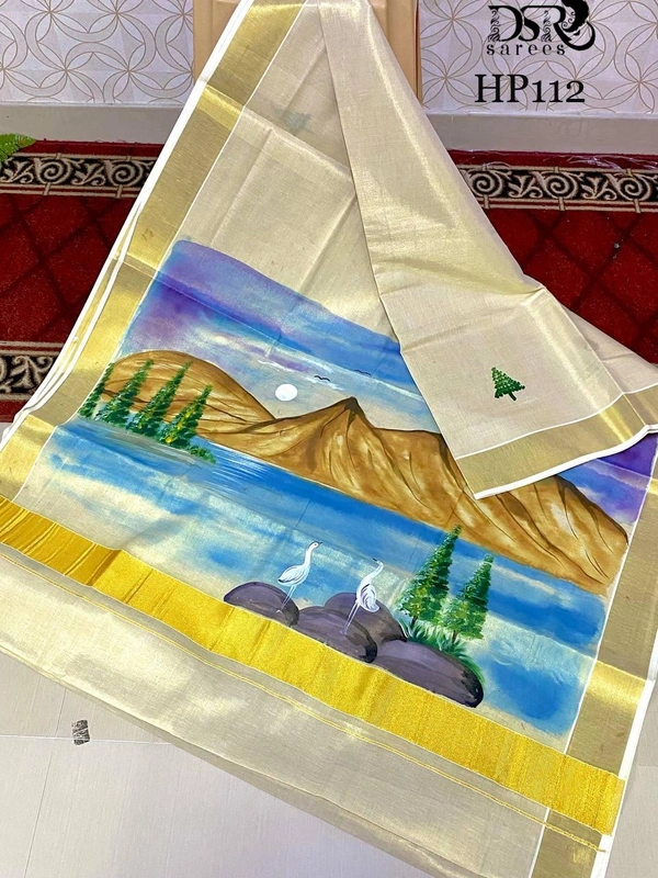 Gold Tissue Kerala Hand Print Saree