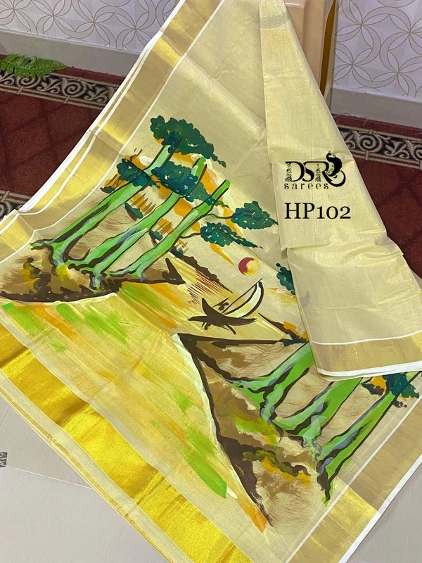 Gold Tissue Kerala Hand Print Saree