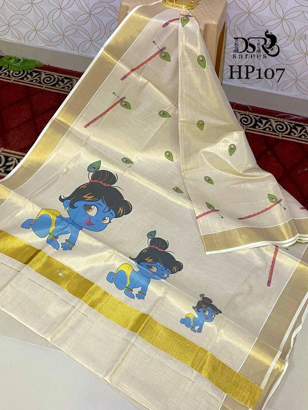 Gold Tissue Kerala Hand Print Saree