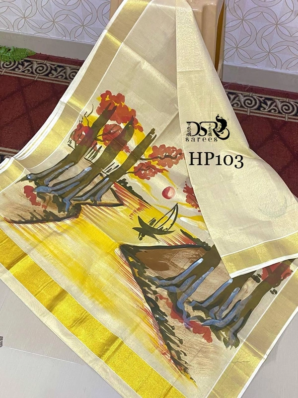 Gold Tissue Kerala Hand Print Saree