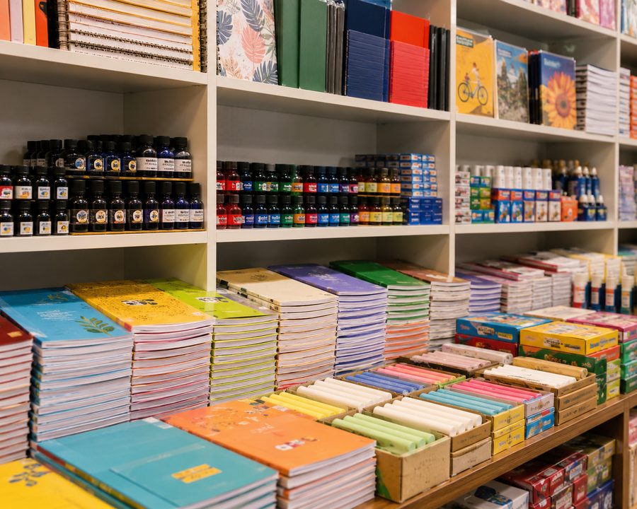 Stationery essentials from Global Enterprises — chalk, pens, ink and paper