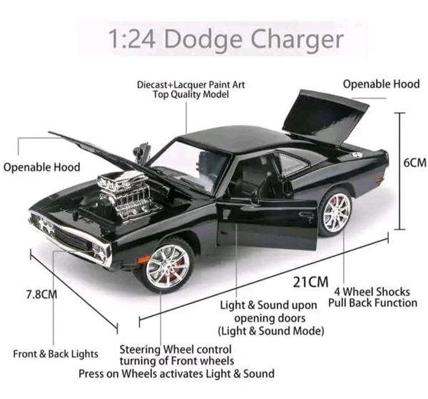 1:24 Big Fast and Furious Dodge Charger Diecast Model Metal Pull-Back Car with Sound, Light and Opening Doors: A Kids' Toy Vehicle Gift