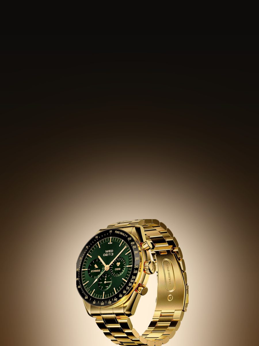 Gold Fire-Boltt smartwatch spotlit on a black background