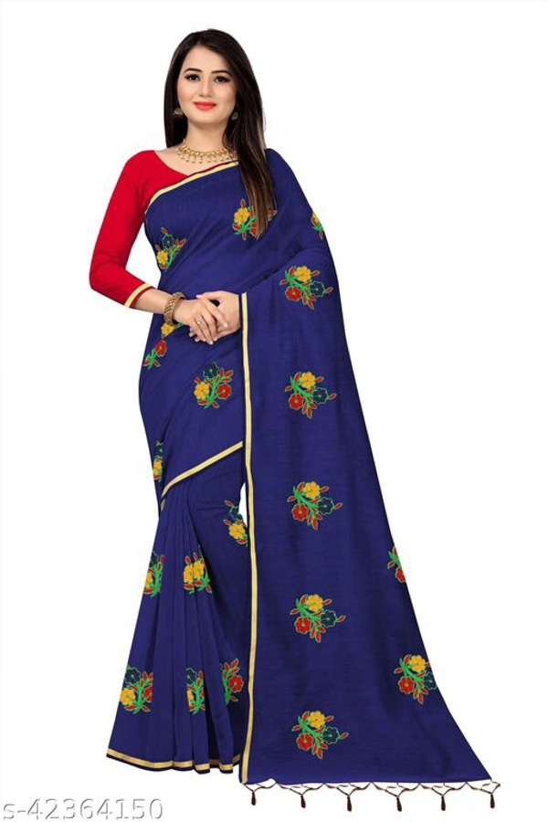 Stunning Navy Blue Chanderi Cotton Silk Embroidered Women Saree with Blouse Piece - Navy Blue 