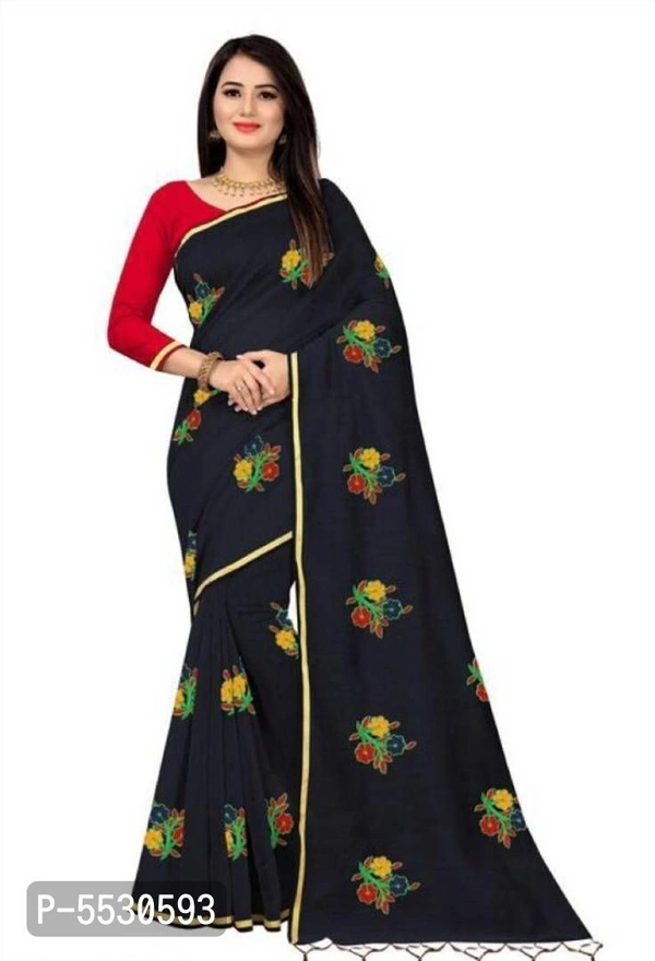 Stunning Navy Blue Chanderi Cotton Silk Embroidered Women Saree with Blouse Piece - Black
