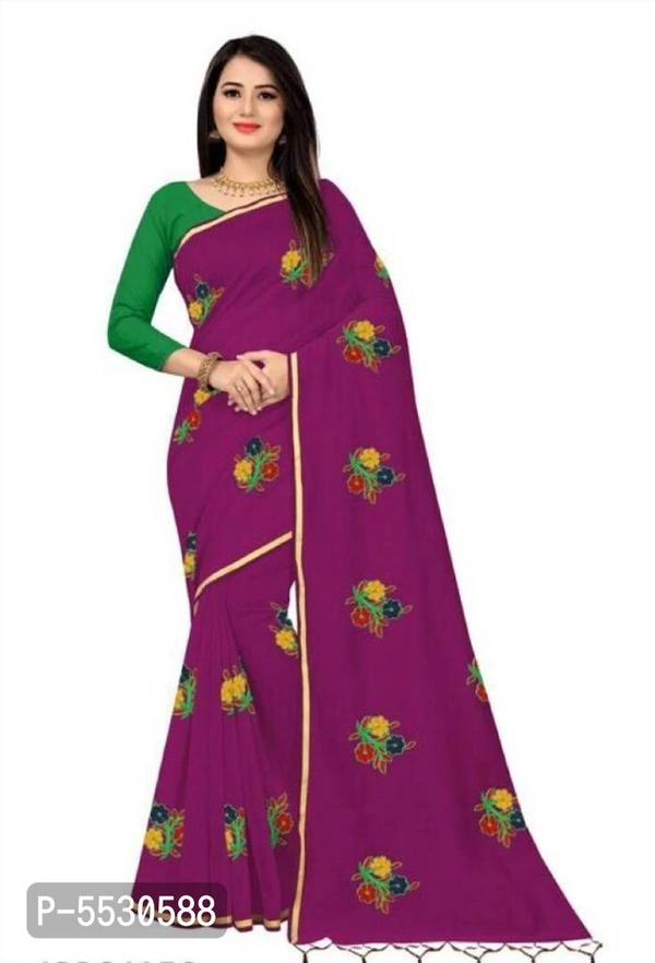 Stunning Navy Blue Chanderi Cotton Silk Embroidered Women Saree with Blouse Piece - Magenta