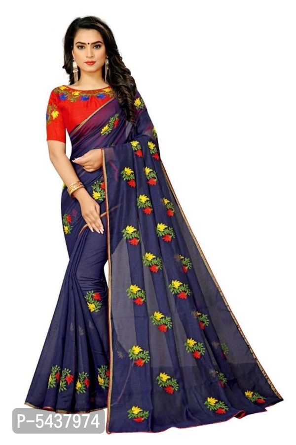 Stunning Navy Blue Chanderi Cotton Silk Embroidered Women Saree with Blouse Piece - Blue