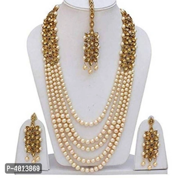 Attractive Brass Long Necklace with Earring and Mangtika For Women - Golden