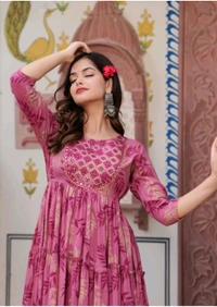 Ambey Women's Rayon Printed With Embroidery Work Tiered Kurti - Mandy, S