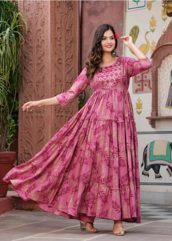 Ambey Women's Rayon Printed With Embroidery Work Tiered Kurti - Mandy, L