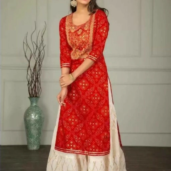 Women's Printed Party Wear Kurta Set with Sharara Bottomwear Rayon - R&W, M (Bust Size: 38 in, Kurta Length Size: 40 in, Bottom Waist Size: 28 in, Bottom Length Size: 38 i