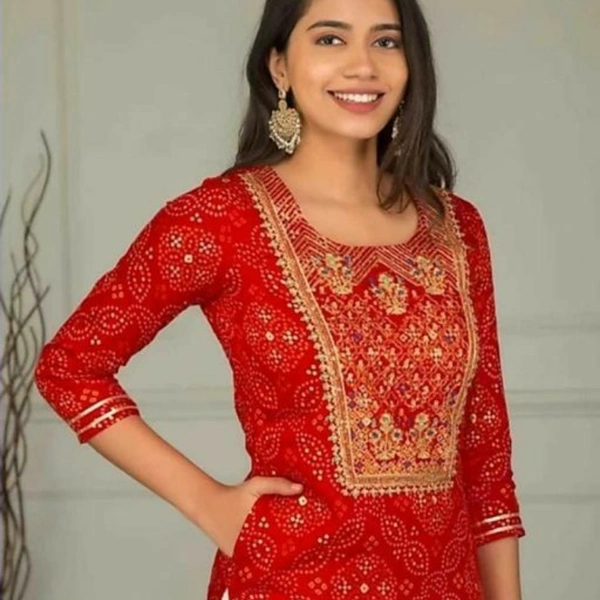 Women's Printed Party Wear Kurta Set with Sharara Bottomwear Rayon - R&W, M (Bust Size: 38 in, Kurta Length Size: 40 in, Bottom Waist Size: 28 in, Bottom Length Size: 38 i