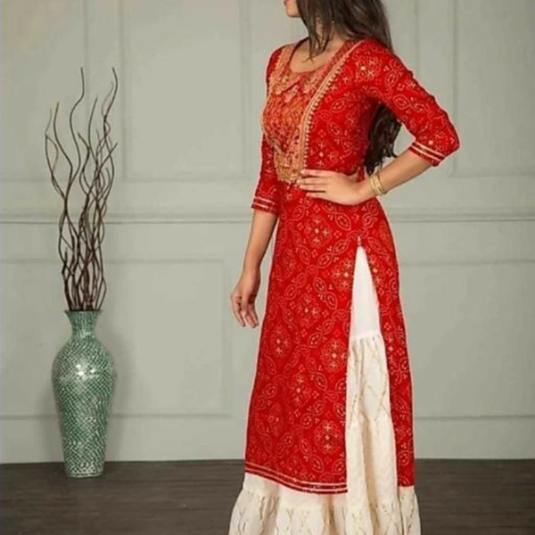 Women's Printed Party Wear Kurta Set with Sharara Bottomwear Rayon - R&W, M (Bust Size: 38 in, Kurta Length Size: 40 in, Bottom Waist Size: 28 in, Bottom Length Size: 38 i