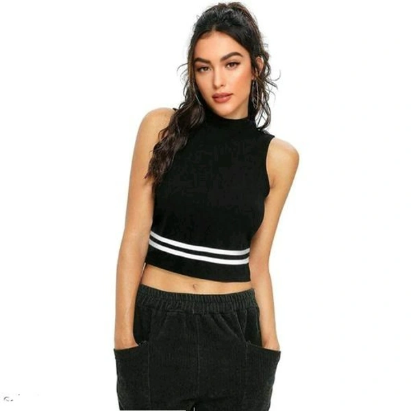 Striped Sleeveless High_Neck Hosiery Black Crop Top - Black,  S (Bust Size: 34 in, Length Size: 17 in)