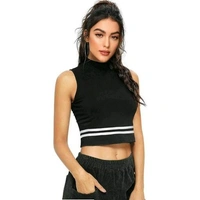 Striped Sleeveless High_Neck Hosiery Black Crop Top - Black, XL (Bust Size: 40 in, Length Size: 17 in) 