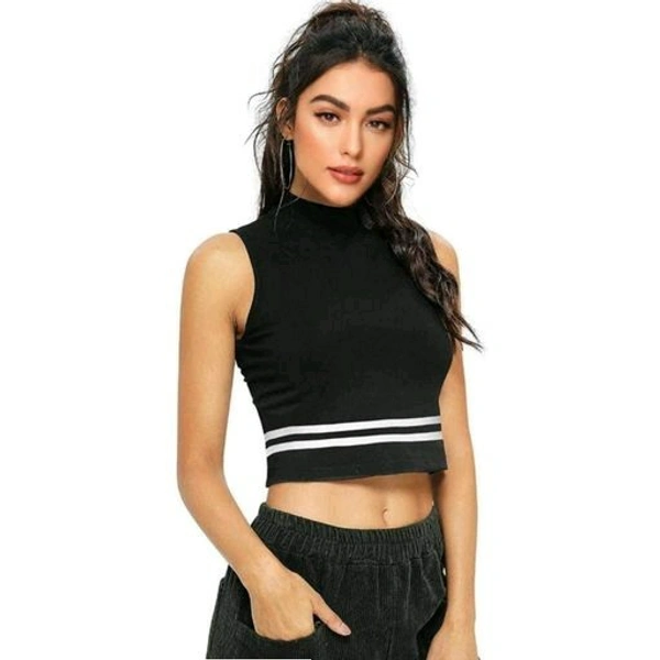 Striped Sleeveless High_Neck Hosiery Black Crop Top - Black, XL (Bust Size: 40 in, Length Size: 17 in) 