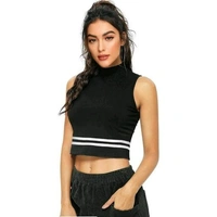 Striped Sleeveless High_Neck Hosiery Black Crop Top - Black, XL (Bust Size: 40 in, Length Size: 17 in) 