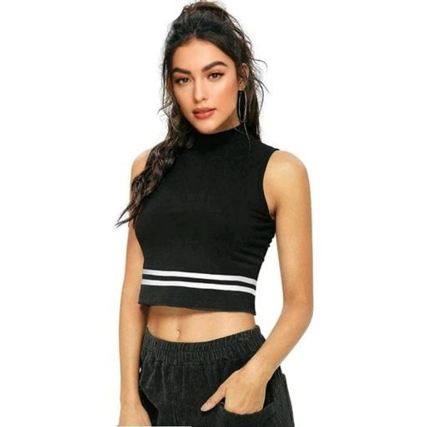 Striped Sleeveless High_Neck Hosiery Black Crop Top - Black, XL (Bust Size: 40 in, Length Size: 17 in) 