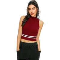 Striped Sleeveless High_Neck Hosiery Maroon Crop Top - Maroon, M (Bust Size: 36 in, Length Size: 17 in)
