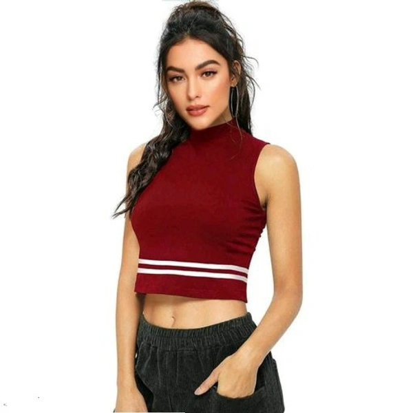 Striped Sleeveless High_Neck Hosiery Maroon Crop Top - Maroon, M (Bust Size: 36 in, Length Size: 17 in)