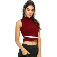 Striped Sleeveless High_Neck Hosiery Maroon Crop Top - Maroon, M (Bust Size: 36 in, Length Size: 17 in)