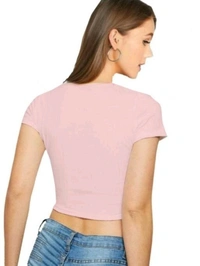 Short Sleeves Round Neck Solid Peach Hosiery Crop Top - Peach, L (Bust Size: 38 in, Length Size: 17 in)