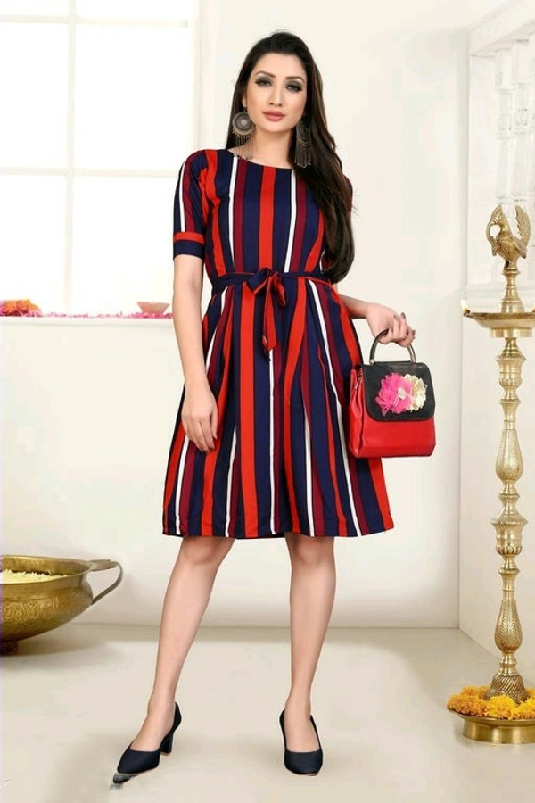 Trendy Fancy One Piece Dress With Belt Fabric Poly Crepe - Blue, XS (Bust Size: 34 in, Length Size: 37 in)