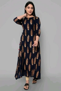 womens Rayon printed kurta - Black, S (Bust Size: 36 in, Size Length: 48 in)