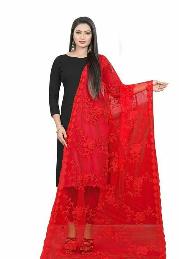 Embroidered Fancy Women DupattasFabric: Net - Red, Free Size (Length Size: 2.25 m)