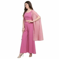 Women's Crepe Shrug Kurta Set with PalazzosKurta Fabric: Crepe - Pink, XS (Bust Size: 34 in, Bottom Waist Size: 26 in, Bottom Hip Size: 31 in, Bottom Length Size: 32 in)
