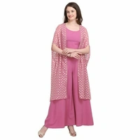 Women's Crepe Shrug Kurta Set with PalazzosKurta Fabric: Crepe - Pink, XS (Bust Size: 34 in, Bottom Waist Size: 26 in, Bottom Hip Size: 31 in, Bottom Length Size: 32 in)
