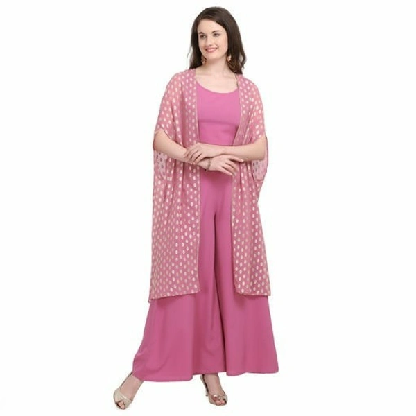Women's Crepe Shrug Kurta Set with PalazzosKurta Fabric: Crepe - Pink, XS (Bust Size: 34 in, Bottom Waist Size: 26 in, Bottom Hip Size: 31 in, Bottom Length Size: 32 in)
